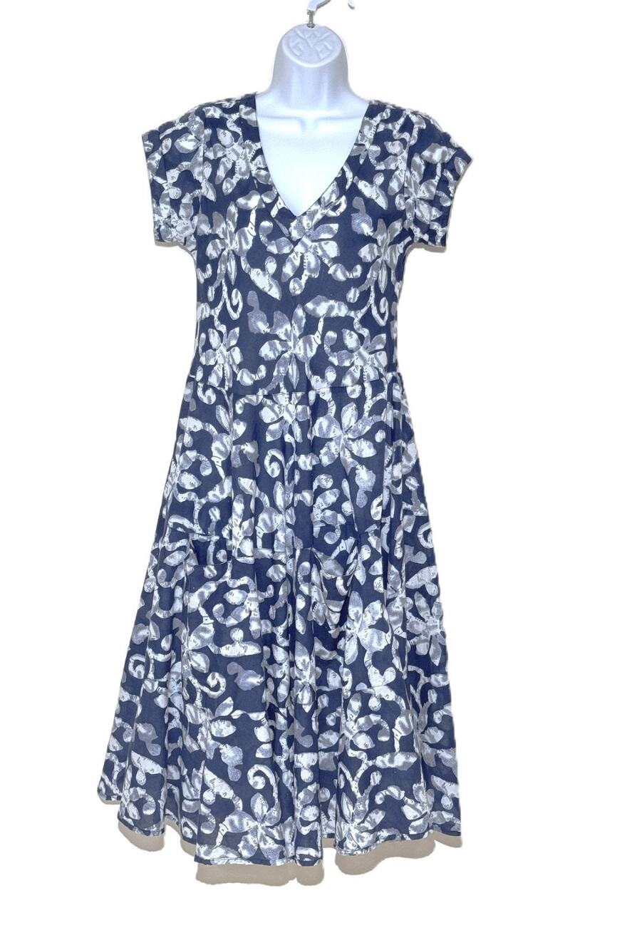 Dress Addict 100% Cotton Floral Midi Dress XS Navy Blue Tie Dye Crinkle Tiered